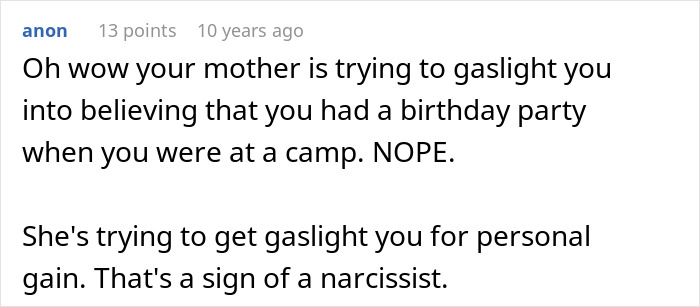 Screenshot of an online comment discussing gaslighting related to parents lying about food allergies and no contact with daughter.