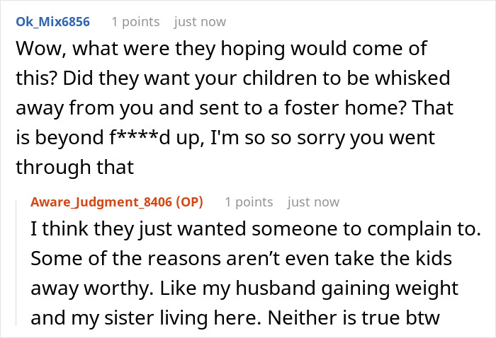 Reddit conversation about a couple banning toxic in-laws from visiting their newborn and being reported to CPS in retaliation.