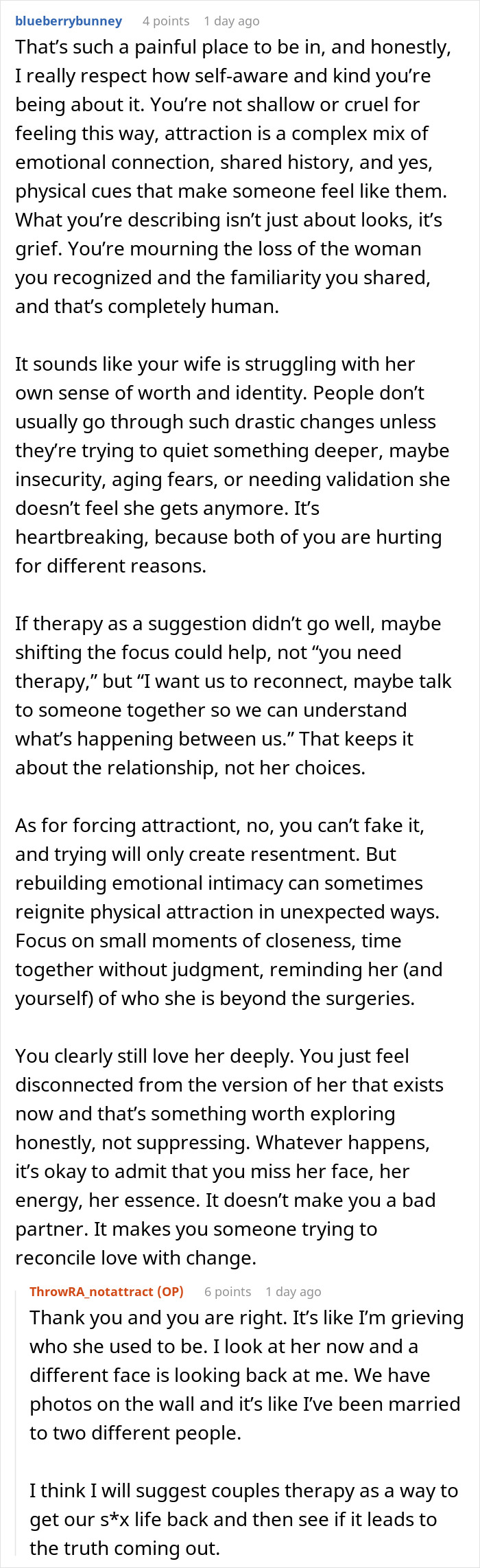 Screenshot of a Reddit thread discussing husband unattracted to plastic surgery changes in wife and emotional impact on their relationship.