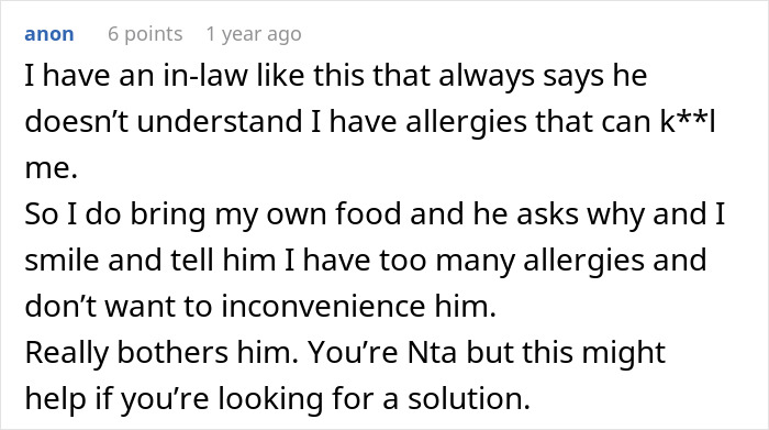 Comment discussing in-laws ignoring allergies and a mom refusing family dinners after being ignored by her in-laws. Comment discussing in-laws ignoring allergies and a mom refusing family dinners after being ignored by her in-laws.