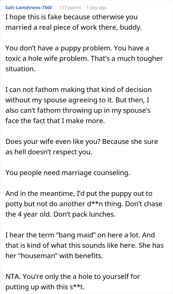 Text post showing a user commenting on relationship issues involving a man upset about unwanted puppy responsibility.