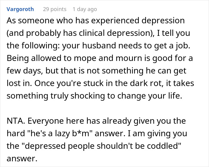 Comment discussing depression and urging a man to get a job after business failure and refusal to have a boss.