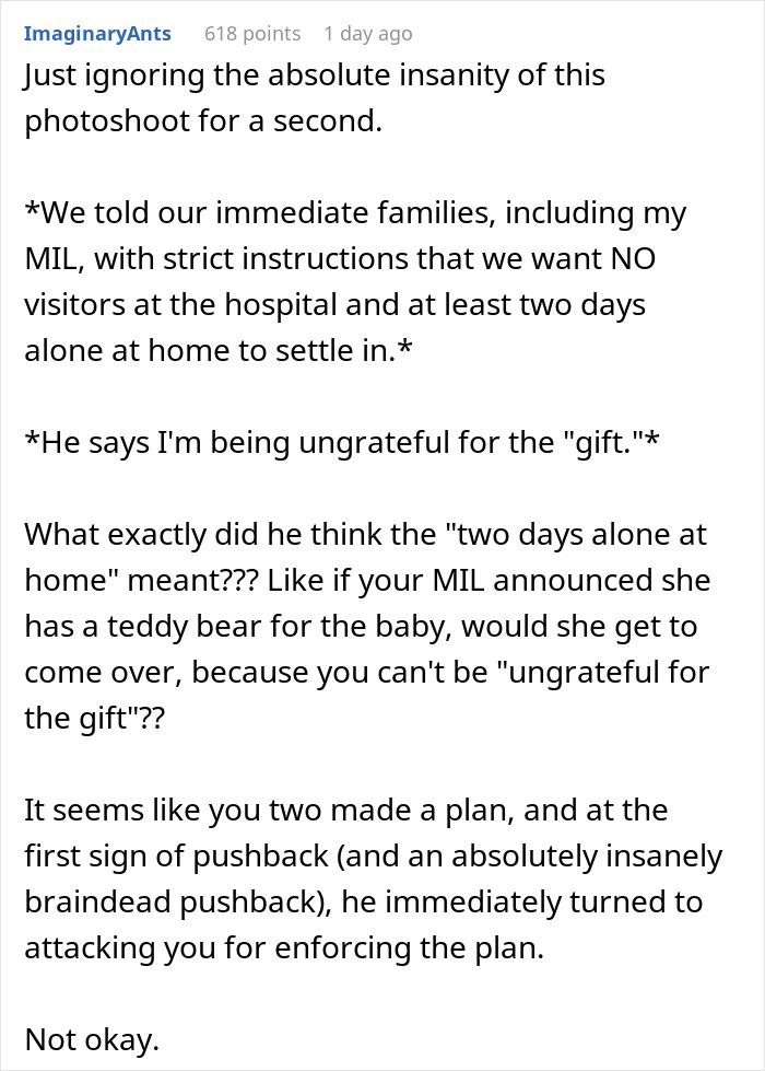 Text post discussing an overbearing MIL booking a photoshoot after DIL gives birth, causing conflict with hubby siding MIL.