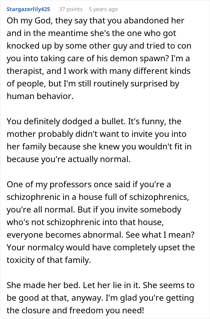Reddit comment on cheater trying to trap her ex with a baby lie, he calls her bluff and finds peace.