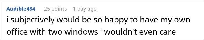 Comment text on a white background about being happy to have an office with two windows, relating to a new job cleaning a deceased coworker&rsquo;s office.