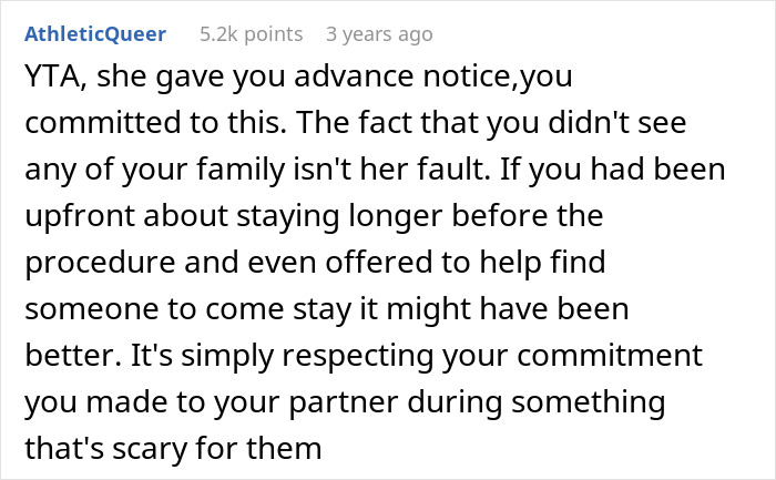Comment discussing boyfriend organizing surprise family visit while girlfriend has surgery planned, causing tension and drama.