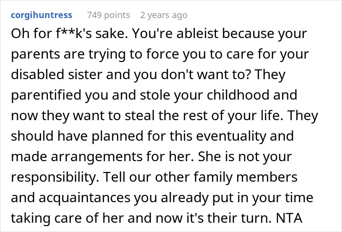 Comment discussing being called ableist for refusing to care for disabled sister after parents can’t, emphasizing personal boundaries. Comment discussing being called ableist for refusing to care for disabled sister after parents can’t, emphasizing personal boundaries.