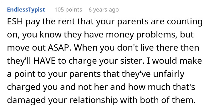Comment discussing rent conflict where sibling refuses to pay rent after learning sister lives rent free.