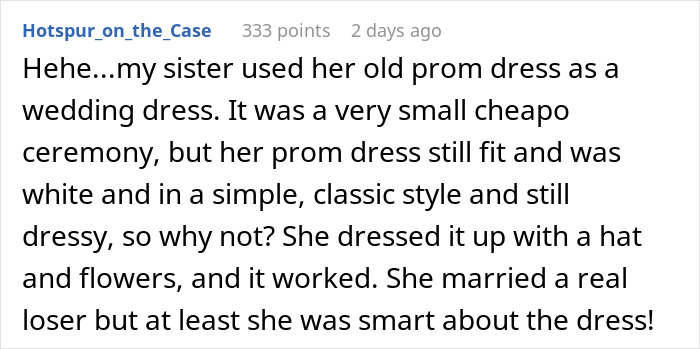 Guest wearing own wedding dress made from old prom dress styled with a hat and flowers for a small ceremony.