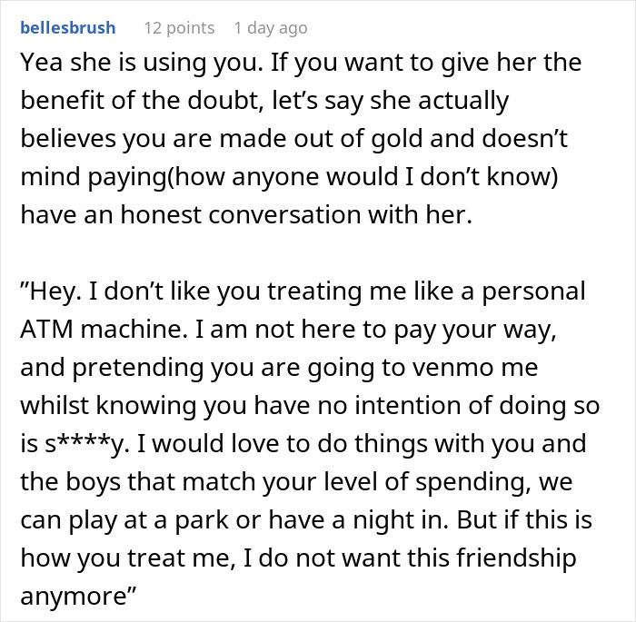Alt text: Woman believes friend who forgot wallet is using her and feels duped without even a thank you in their friendship.