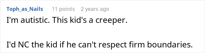 Screenshot of a Reddit comment discussing an 11-year-old acting creepy around stepsister after childbirth, with parents refusing help.