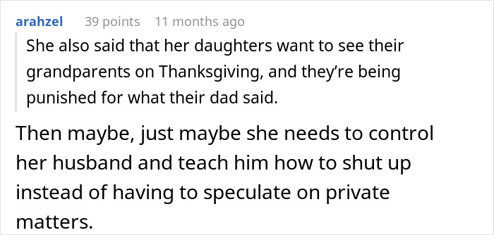 Alt text: Reddit comment discussing family conflict on Thanksgiving after man&rsquo;s controversial theory upset BIL&rsquo;s wife.