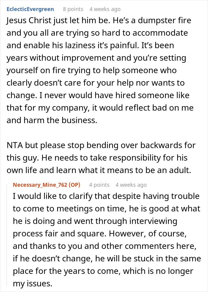 Text conversation discussing a lady helping a 23-year-old friend with a place to stay and a job, facing complaints.