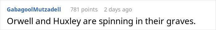Screenshot of an online comment mentioning Orwell and Huxley, relating to AI-scored job interview real-time technology. Screenshot of an online comment mentioning Orwell and Huxley, relating to AI-scored job interview real-time technology.