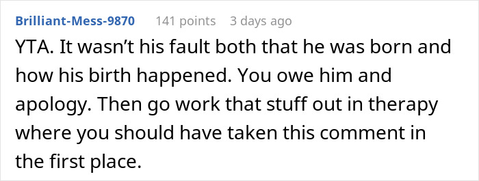 Reddit comment discussing a woman making her brother feel hated after he thanks her for delivering him.