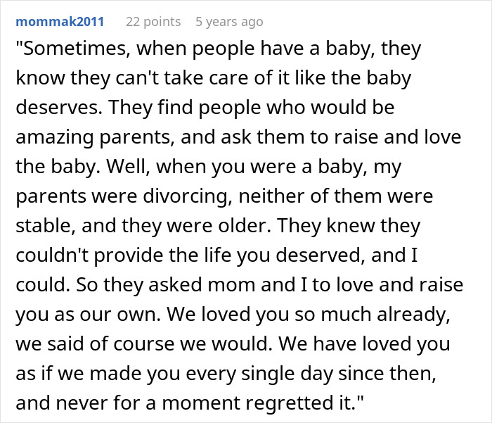 Reddit comment explaining a guy's dilemma about telling his son the truth about his real parents and upbringing.