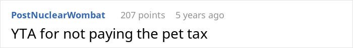 Screenshot of a Reddit comment saying YTA for not paying the pet tax, related to man trolling sis with dog photo.
