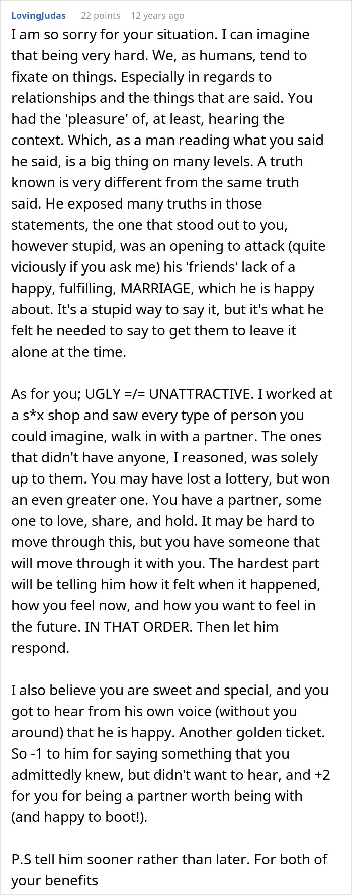 Comment discussing husband admitting his wife is ugly and the challenges of being an ugly woman in a marriage context.