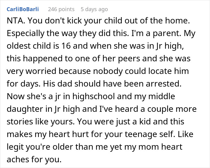Comment highlighting the emotional impact on teens when parents kicked out a teen and the long-term worries it causes. Comment highlighting the emotional impact on teens when parents kicked out a teen and the long-term worries it causes.