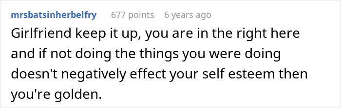 Screenshot of a Reddit comment supporting a girlfriend's beauty routine after boyfriend regrets mocking her long shaving and makeup habits.
