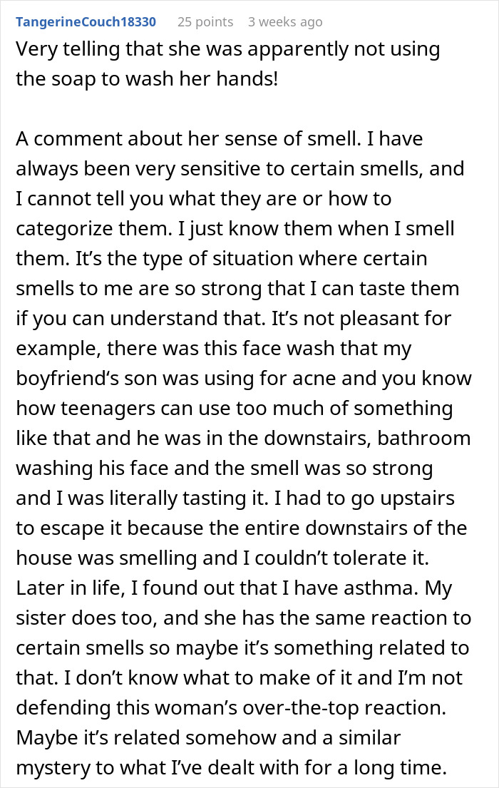 Comment describing coworker sensitive smells and how it makes her stop washing hands due to asthma and strong reactions. Comment describing coworker sensitive smells and how it makes her stop washing hands due to asthma and strong reactions.