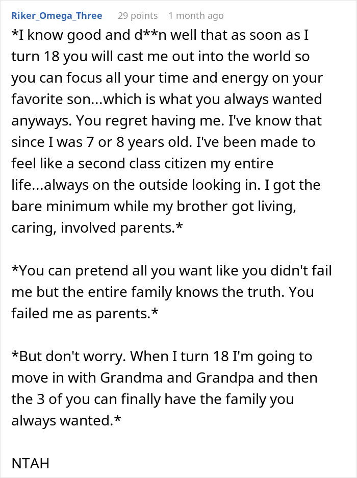 Comment expressing pain from toxic parents favoring golden child son while younger son refuses house help.