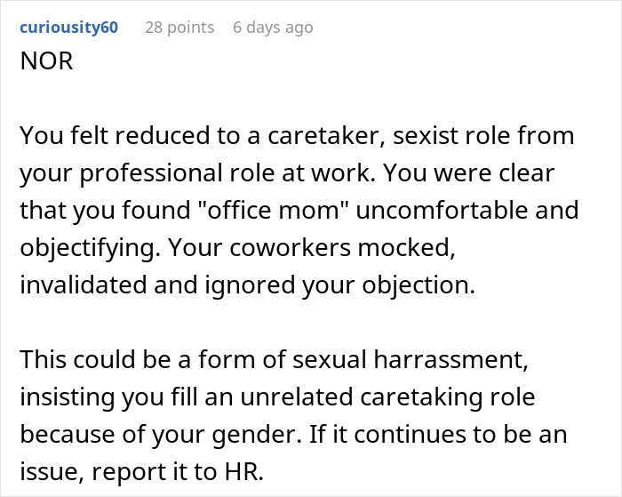 Text post discussing a woman accused of making things awkward at work by stopping baking for colleagues over a nickname.