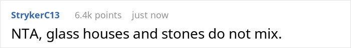 Comment from StrykerC13 with 6.4k points stating NTA, glass houses and stones do not mix on a white background.
