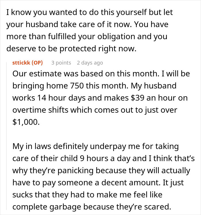 Text message discussing parents guilt-tripping daughter-in-law over unpaid babysitting and financial strain on the family.