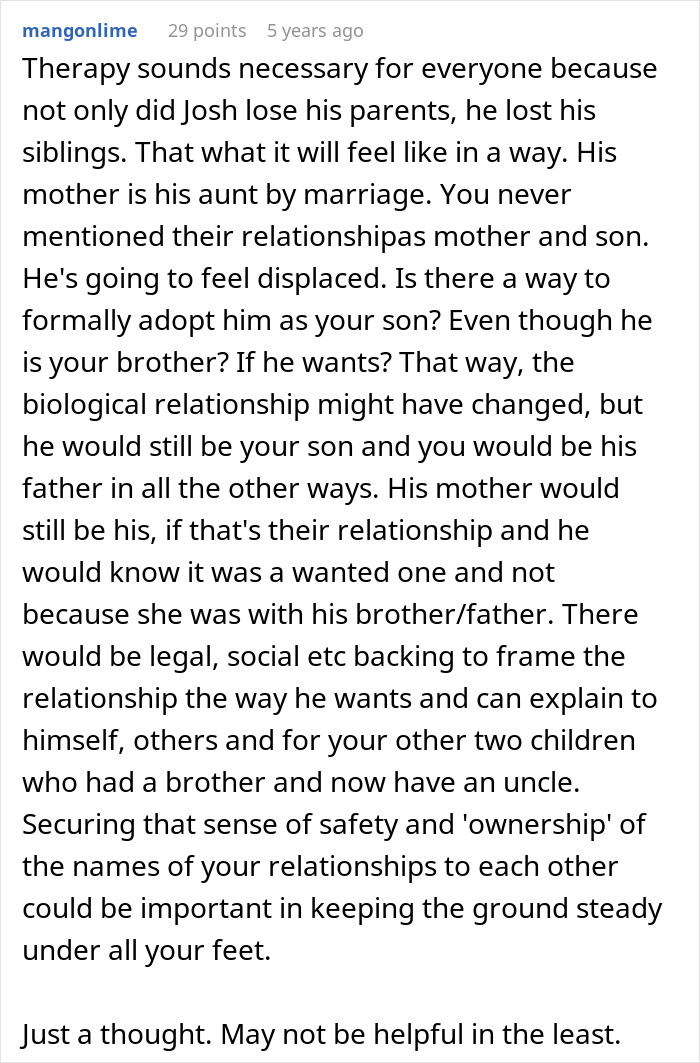 Commenter discussing a guy wondering if he should tell his son the harsh truth about his real parents.