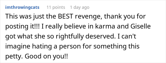 Comment praising a revenge story about an on-site landlord acting awful and rent being doubled, expressing belief in karma.