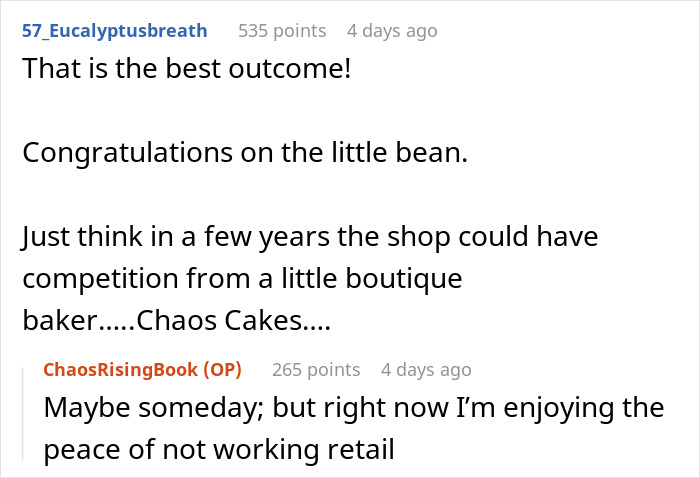 Screenshot of a conversation about a woman&rsquo;s revenge on a bakery manager involving the perfect delicious icing on the cake.