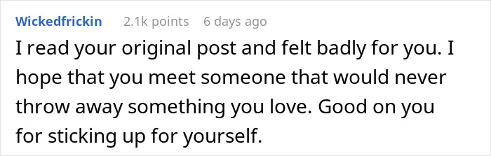 Screenshot of a Reddit comment expressing sympathy for someone whose Pok&eacute;mon card collection was thrown away by their spouse.