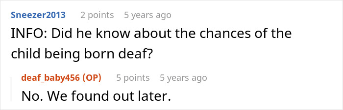 Text conversation highlighting a husband leaving because he can't deal with his deaf baby, blaming the wife for the situation.