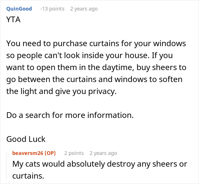 Reddit comment discussing privacy concerns about curtains and neighbors peeking through windows.
