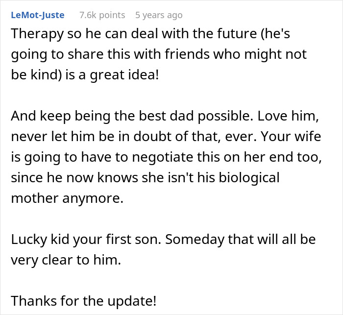 Comment discussing therapy and support for a son who has no idea about his real parents and family truth.