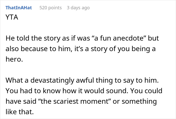 Comment discussing how a woman makes her brother feel like she hates him after he thanks her for delivering him.
