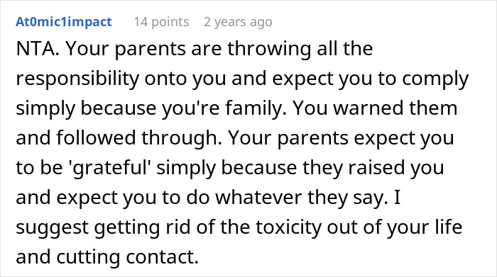 Screenshot of an online comment discussing setting boundaries about disabled brother&rsquo;s care and family responsibility conflicts.