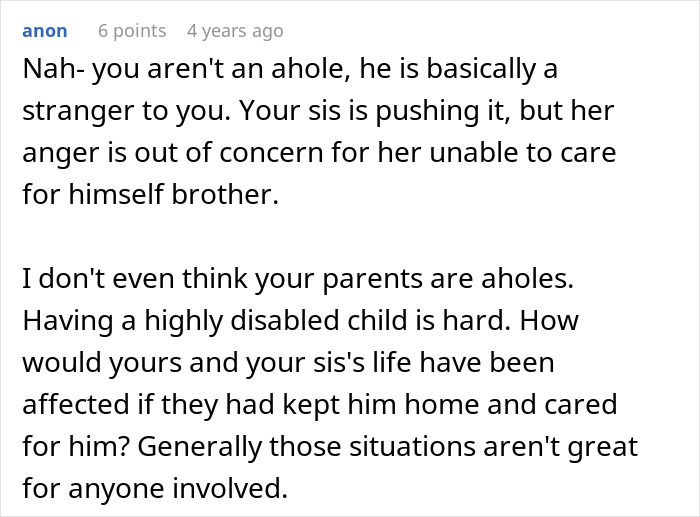 Text excerpt from online discussion about parents begging son to care for disabled brother after they're gone, with sister furious.