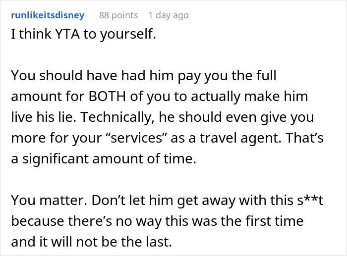 Screenshot of a social media comment discussing a boyfriend covering expenses for a birthday trip and a girlfriend&rsquo;s role revealed.