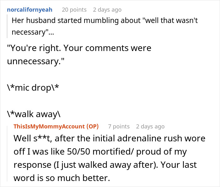 Screenshot of a Reddit conversation about a nosy neighbor shaming a couple for a big home with no kids and their heartfelt reply.