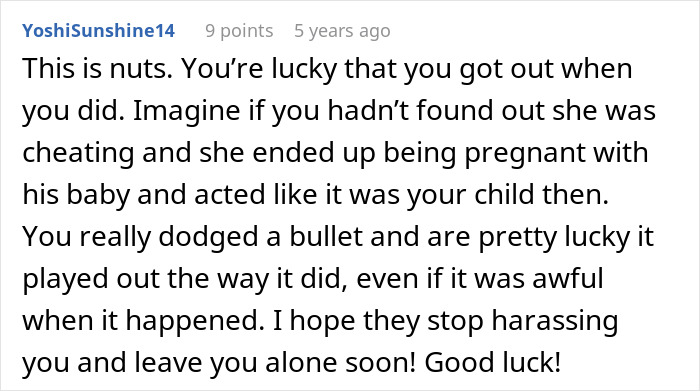 Comment warning about a cheater who lied about pregnancy to trap her ex, highlighting the theme of cheating and baby lies.