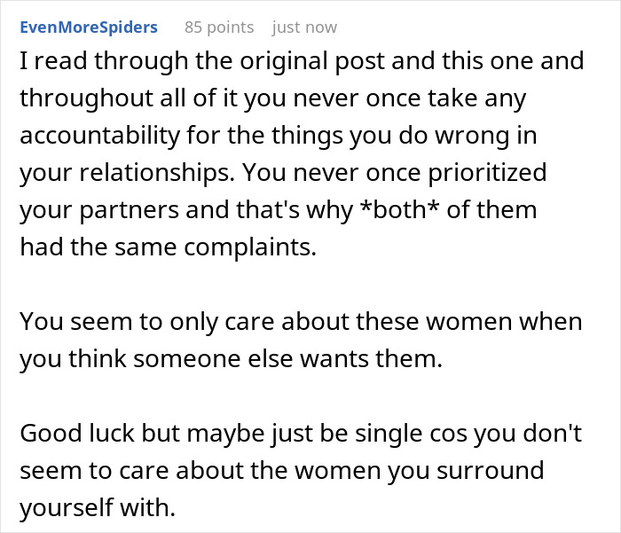 Reddit user criticizing lack of accountability in relationships after guy finds out ex-wife cheated with best man.
