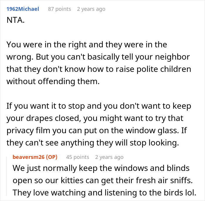 Screenshot of online discussion about neighbor blaming woman for privacy concerns and kids peeking through windows.
