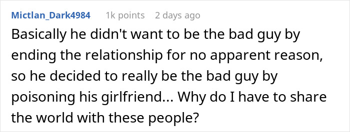 Comment discussing a guy sending homemade food to his girlfriend causing her to get sick and reaction to his actions. Comment discussing a guy sending homemade food to his girlfriend causing her to get sick and reaction to his actions.