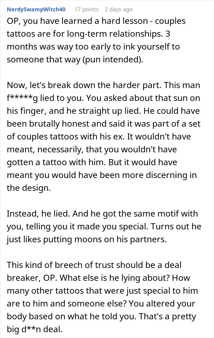 Couple discussing tattoo regret as woman reflects on boyfriend&rsquo;s lie about matching tattoo with ex-partner.