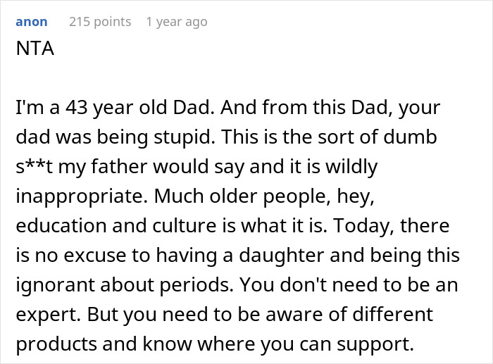 Comment criticizing clueless dad's incorrect advice on using paper towel to swim during period and promoting period education.