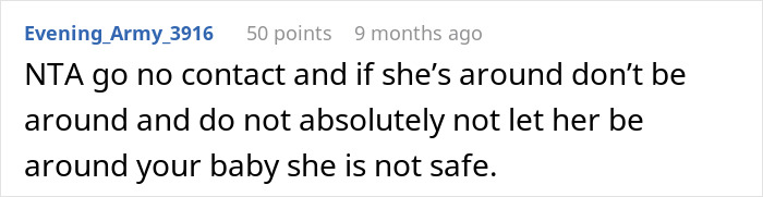Comment warning about keeping a pregnant woman safe by going no-contact with her sister after a Thanksgiving conflict.