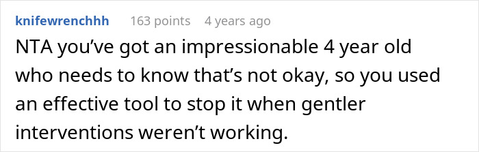 Comment discussing calling wife a bully to address harmful behavior with an impressionable child, mentioning emotional impact.