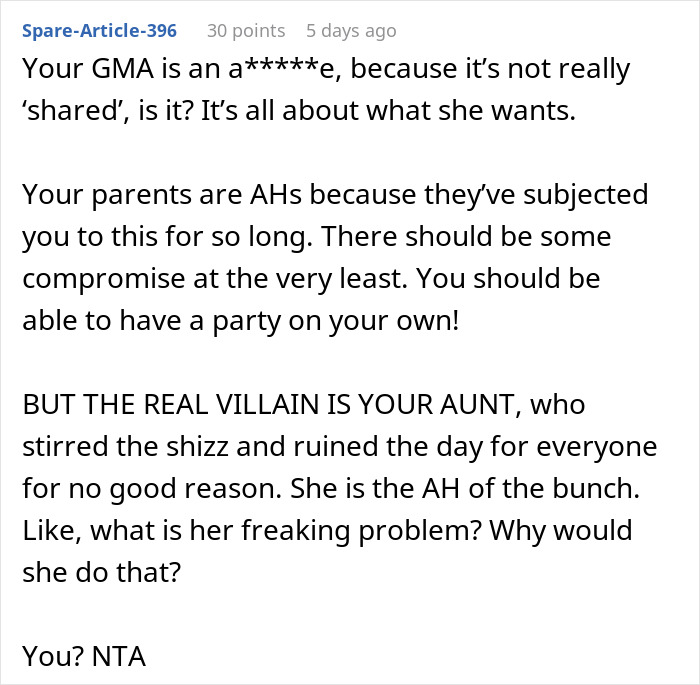Teen vents about sharing birthday with grandma, aunt overhears and causes family drama, sparking conflict and frustration.